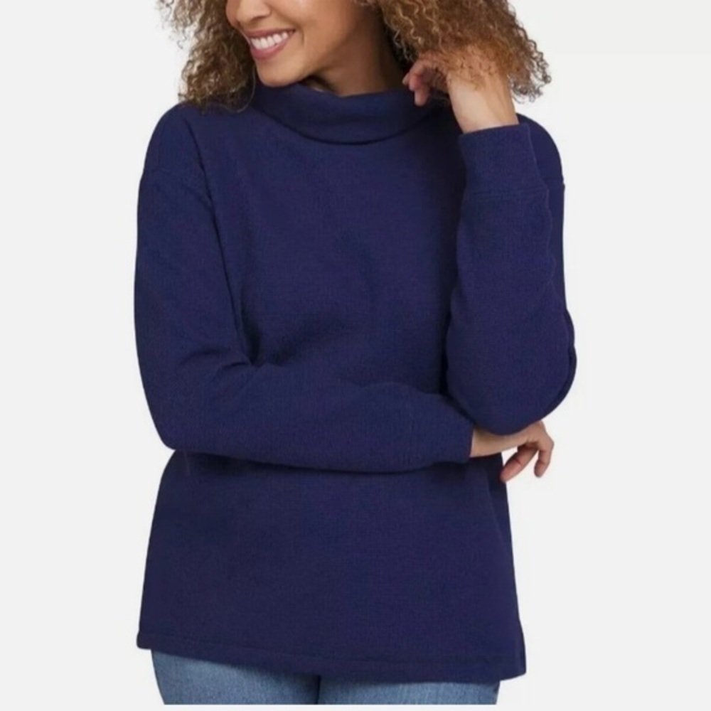 NWT Lands End Womens Blue Waffle Knit Funnel Neck Top Long Sleeve